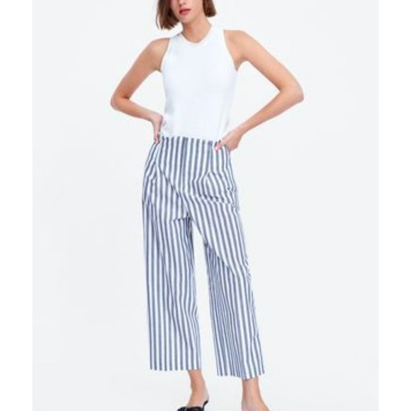 ZARA Women's Blue White Striped Wide Leg Pleated Cropped Pants Size Large - Picture 2 of 16
